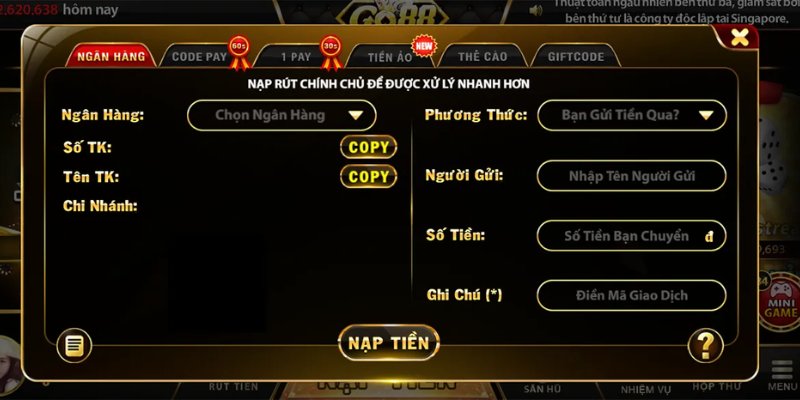 Nạp qua ngân hàng