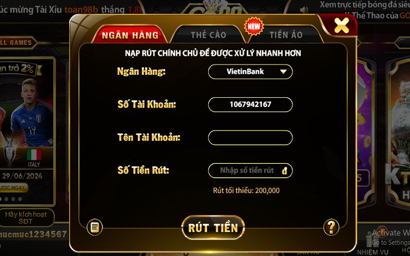 Rút tiền Go88 bằng tài khoản ngân hàng